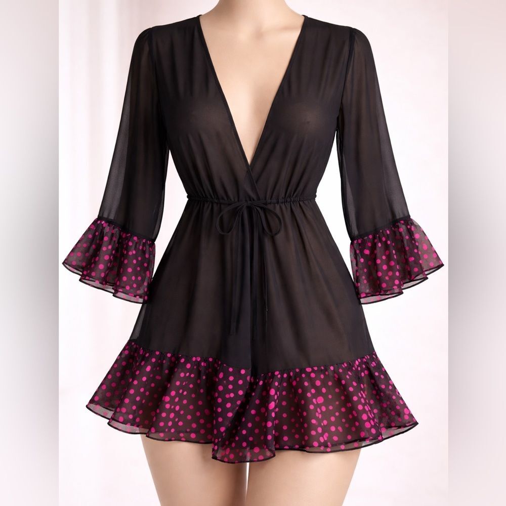 BellaDonna Sheer Black Lingerie Robe Pink Polka Dot Ruffle Trim Lightweight S